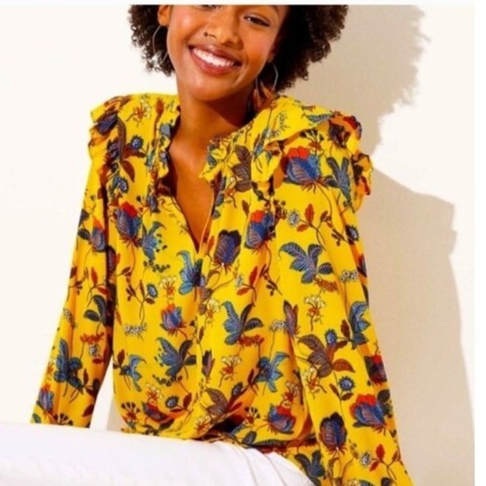 LOFT Yellow Floral Ruffle Neck Long Sleeve Blouse Keyhole Top‎ Womens Size M